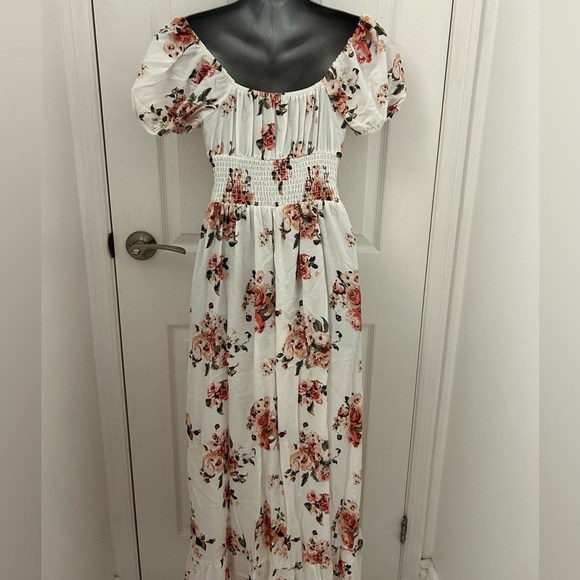 White with Pink Flowers Romantic Maxi-Dress, Sz S - Picture 4 of 7
